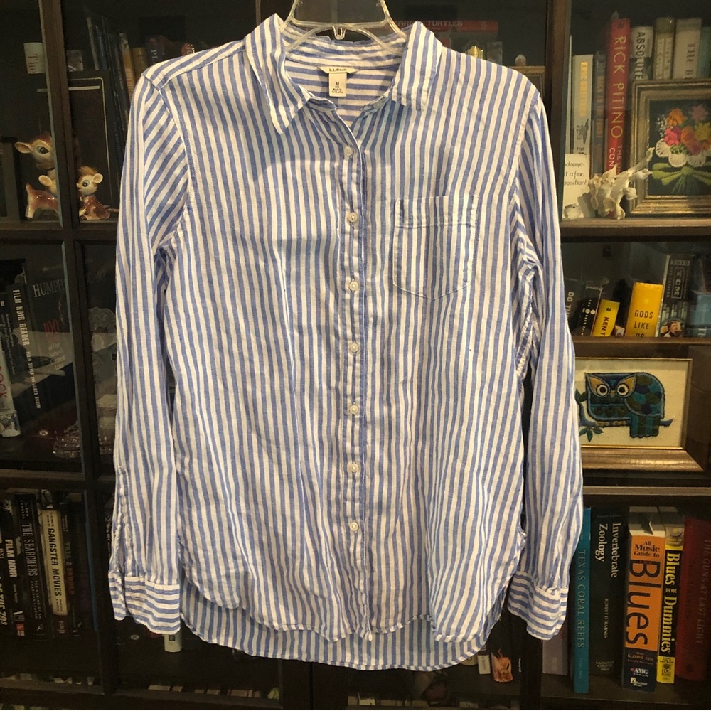 Women’s Linen Shirt Blue White Stripe LL BEAN Medium